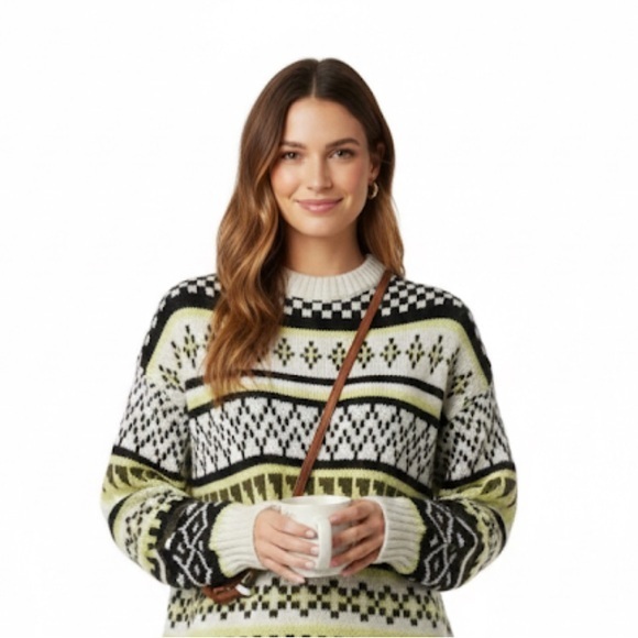 twik Sweaters - Twik White Black & Yellow Oversized Crewneck Grandpa Knit Sweater Size XS